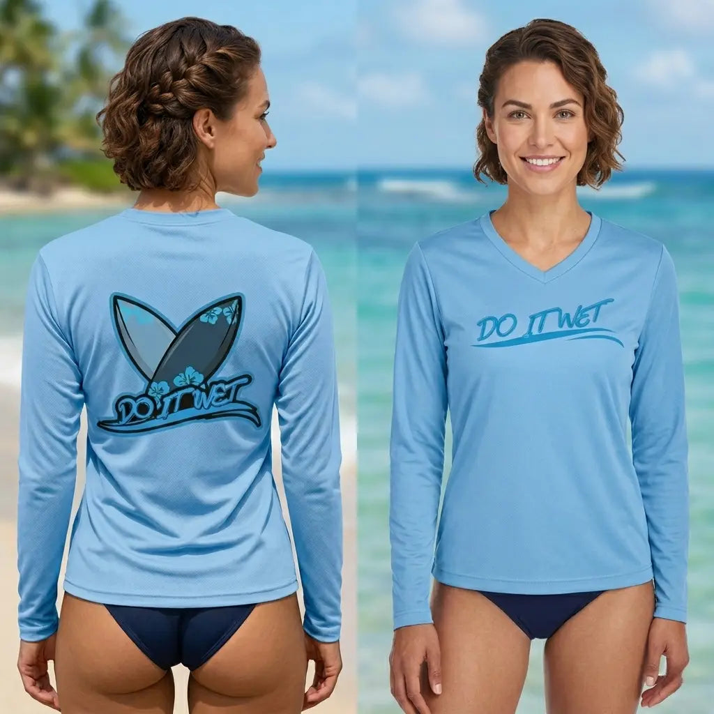 Women's UV long-sleeve V-neck shirt, light sport blue with front and back logo graphic