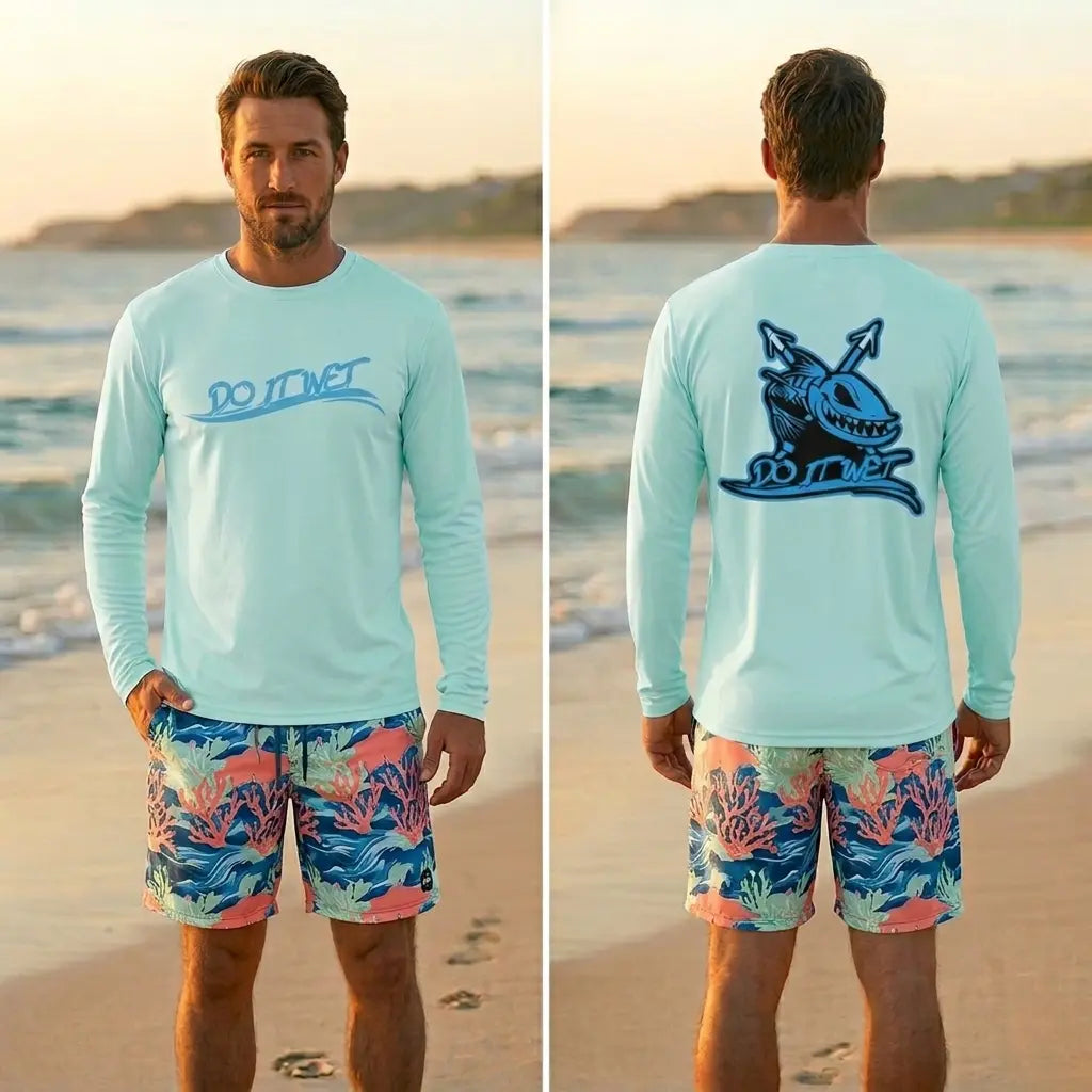 Men's UV long-sleeve shirt, light blue with centered front logo and shark back print.