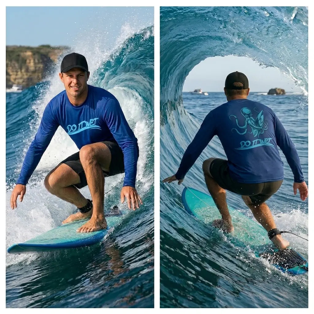 Men's UV long-sleeve rashguard, blue with Kraken logo, worn while surfing in ocean