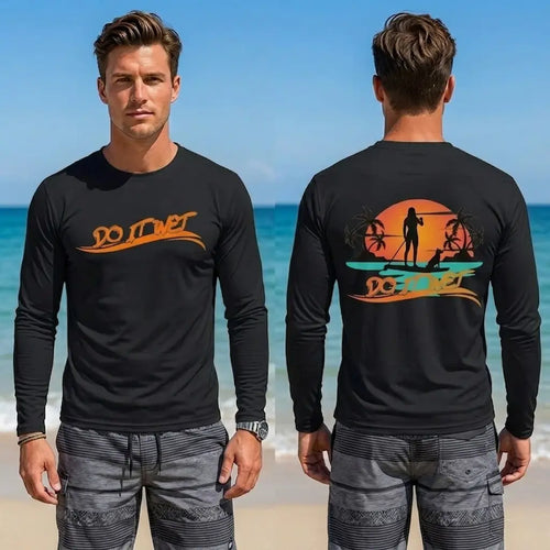 Men's long-sleeve UV shirt, black, orange paddle-dog beach graphic on front and back