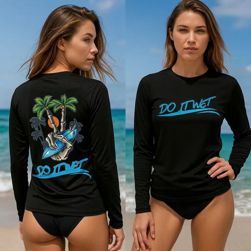 Black UV long sleeve rash guard with palm tree and anaconda graphic on back