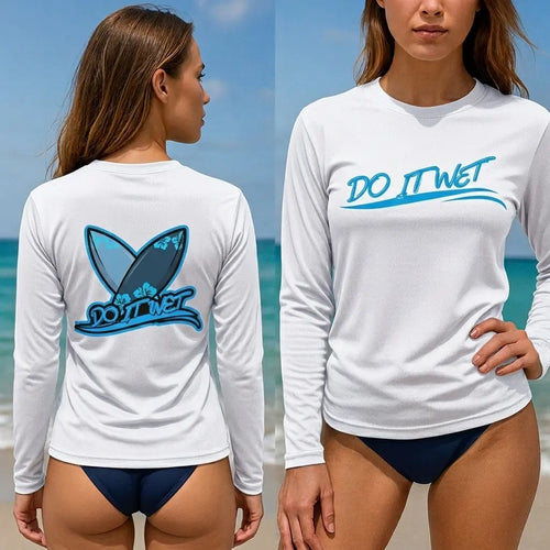White UV long sleeve shirt with blue "Do It Wet" front graphic.