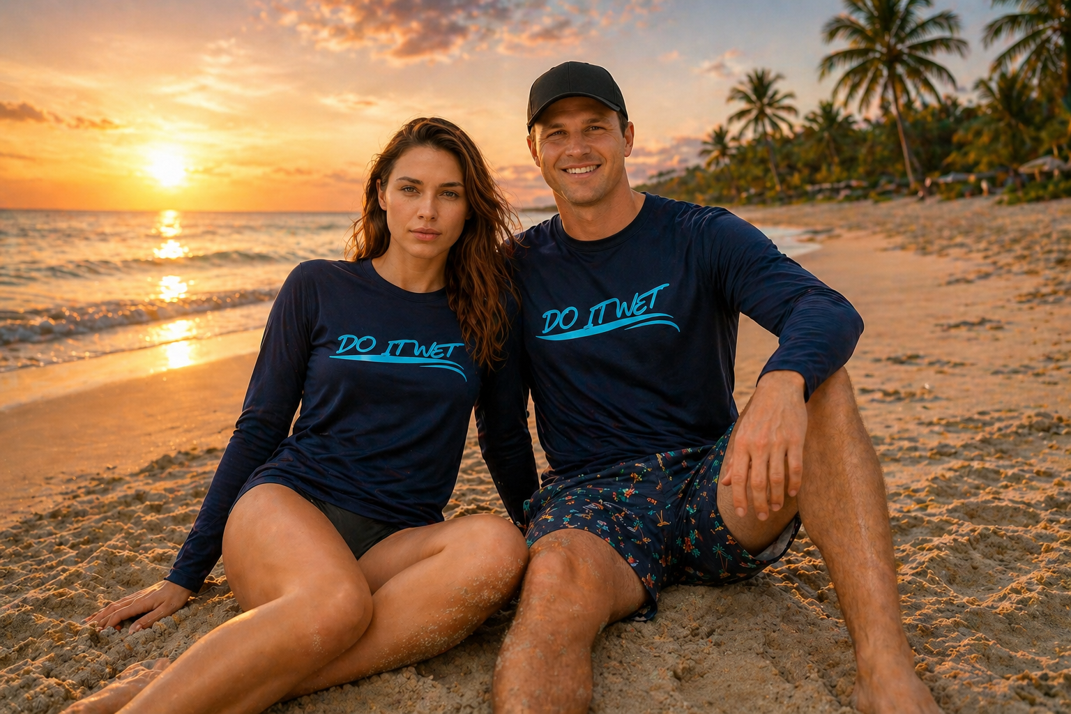 Two people sitting on a beach at sunset wearing navy blue shirts with 'DO IT WET' text.