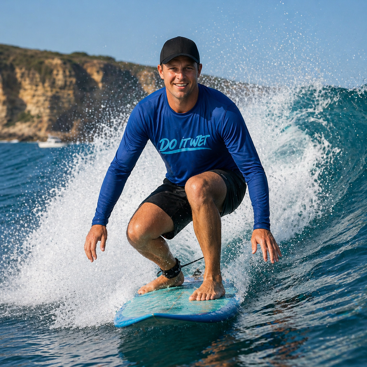 Man surfing on a wave wearing a blue 'Do It Wet' shirt.